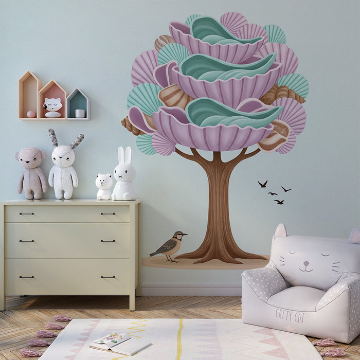 Kids' Room Wallpaper | Colorful Shell Tree with Curious Bird