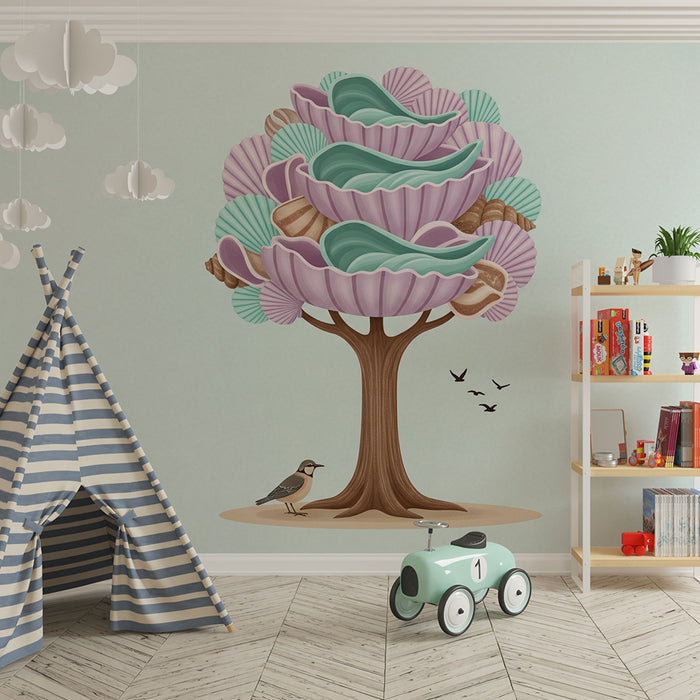Kids' Room Wallpaper | Colorful Shell Tree with Curious Bird