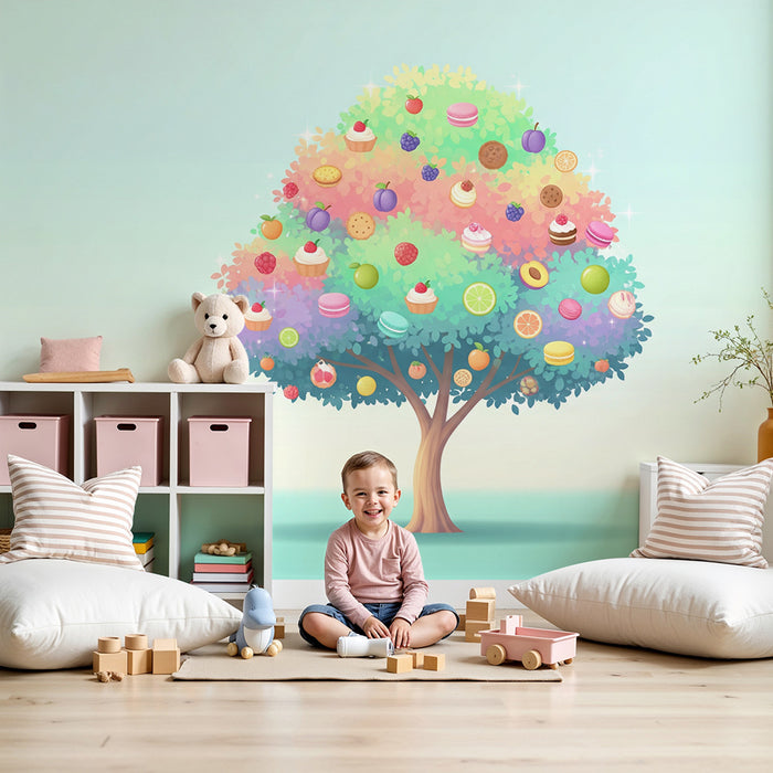 Kids' Room Wallpaper | Colorful Sweet Tree with Fruits and Pastries