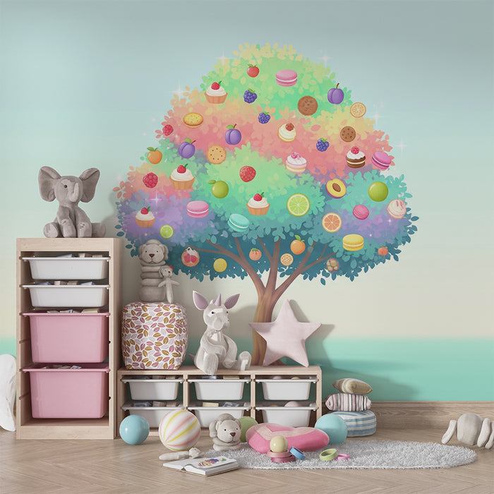 Kids' Room Wallpaper | Colorful Sweet Tree with Fruits and Pastries