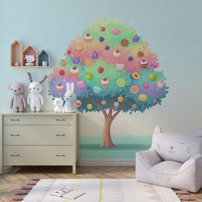 Kids' Room Wallpaper | Colorful Sweet Tree with Fruits and Pastries