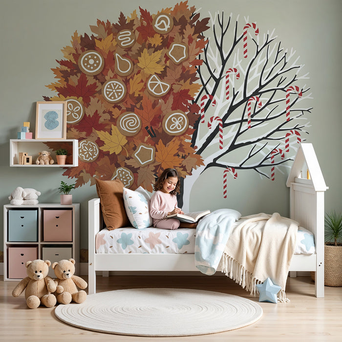 Behang kinderkamer | Herfstboom met feestelijke decoraties
