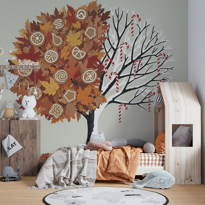 Behang kinderkamer | Herfstboom met feestelijke decoraties