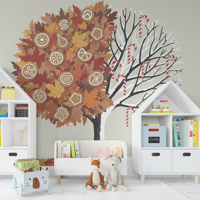 Behang kinderkamer | Herfstboom met feestelijke decoraties