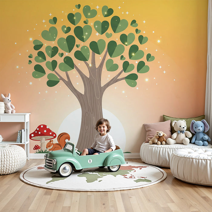 Kids room wallpaper | Heart-shaped leaf tree and squirrel under a pastel sky