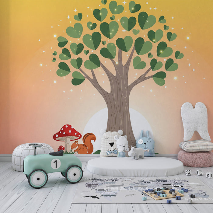 Kids room wallpaper | Heart-shaped leaf tree and squirrel under a pastel sky