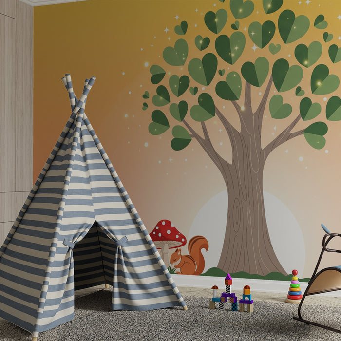 Kids room wallpaper | Heart-shaped leaf tree and squirrel under a pastel sky