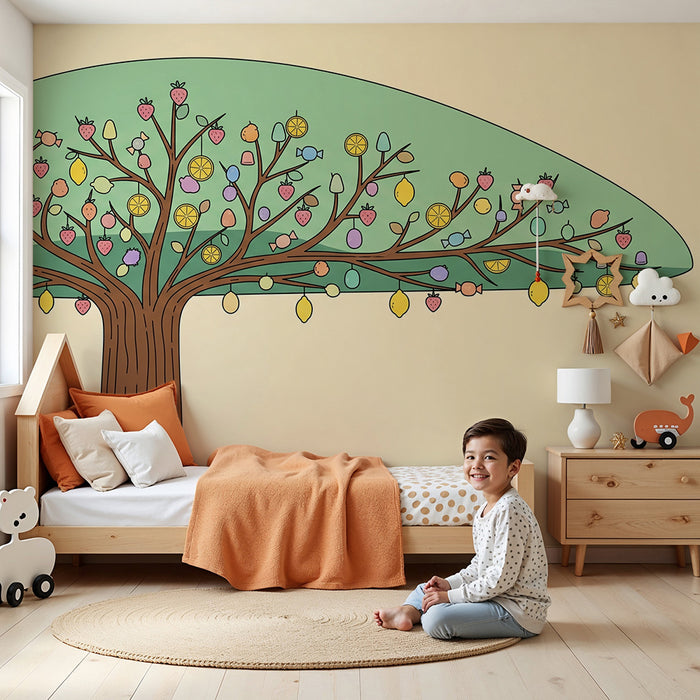 Kids' Room Wallpaper | Colorful Fruit Tree and Playful Candy Design