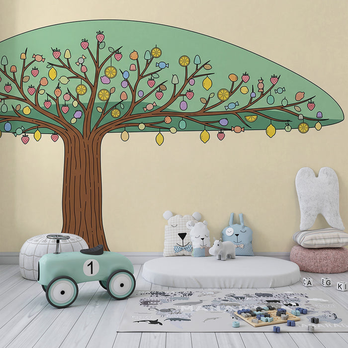 Kids' Room Wallpaper | Colorful Fruit Tree and Playful Candy Design