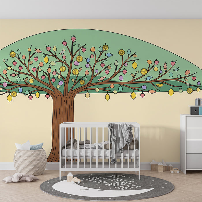 Kids' Room Wallpaper | Colorful Fruit Tree and Playful Candy Design