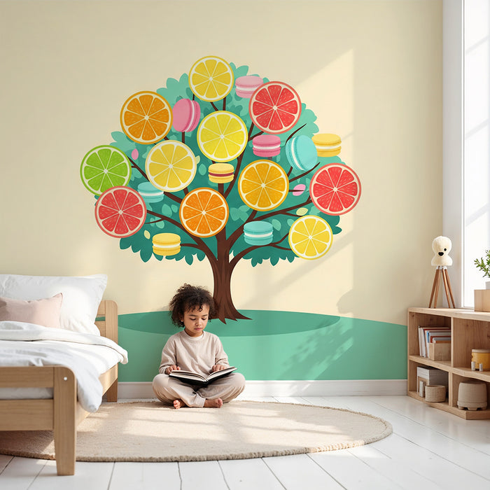 Kids' Room Wallpaper | Colorful Fruit Tree and Sweet Macarons
