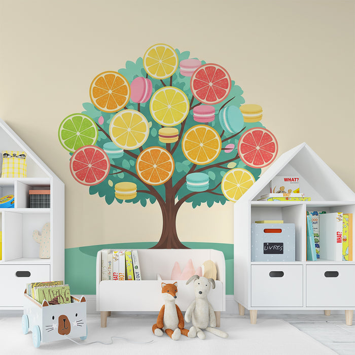 Kids' Room Wallpaper | Colorful Fruit Tree and Sweet Macarons