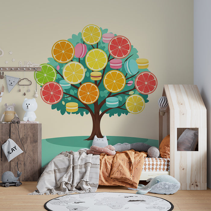 Kids' Room Wallpaper | Colorful Fruit Tree and Sweet Macarons