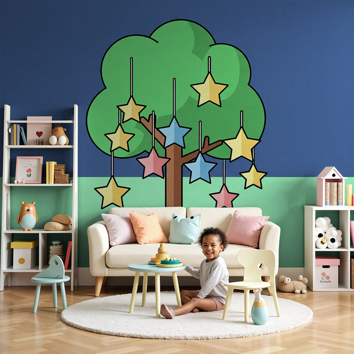 Behang kinderkamer | Kleurrijke boom met hangende sterren
