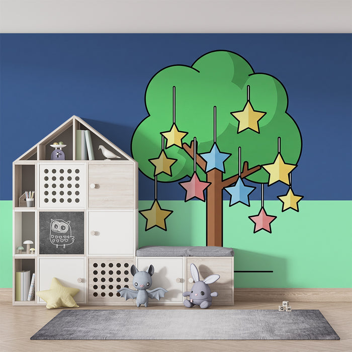 Behang kinderkamer | Kleurrijke boom met hangende sterren