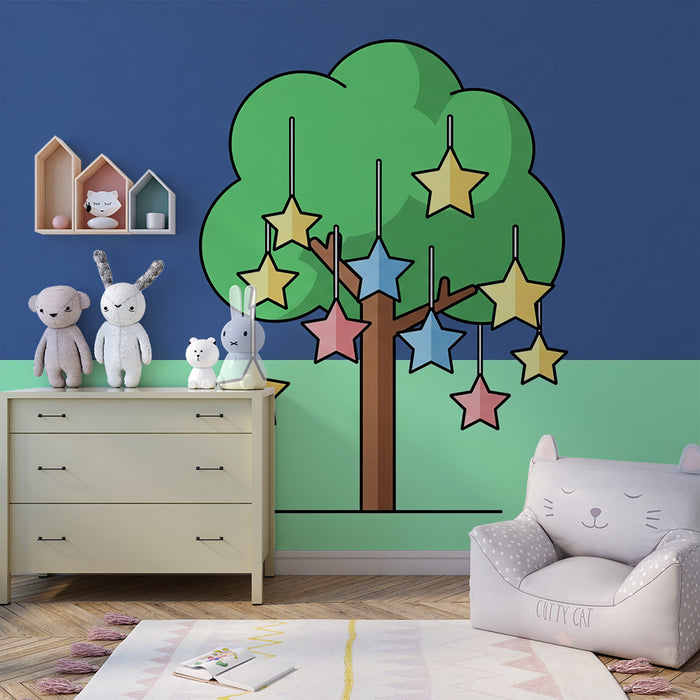 Behang kinderkamer | Kleurrijke boom met hangende sterren