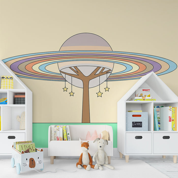 Kinderzimmer-Tapete | Kosmischer Baum mit bunten Ringen und hängenden Sternen