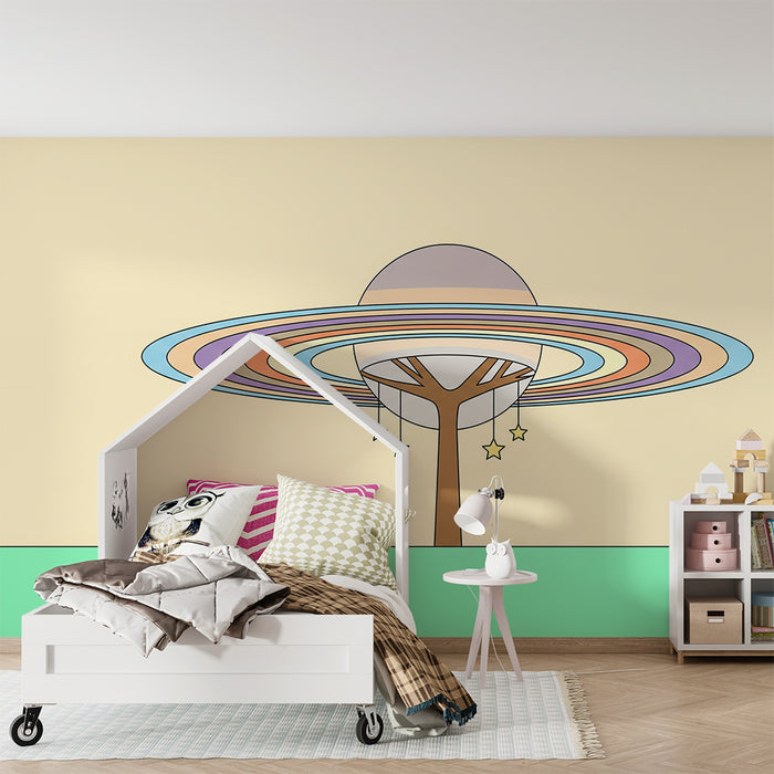 Kinderzimmer-Tapete | Kosmischer Baum mit bunten Ringen und hängenden Sternen