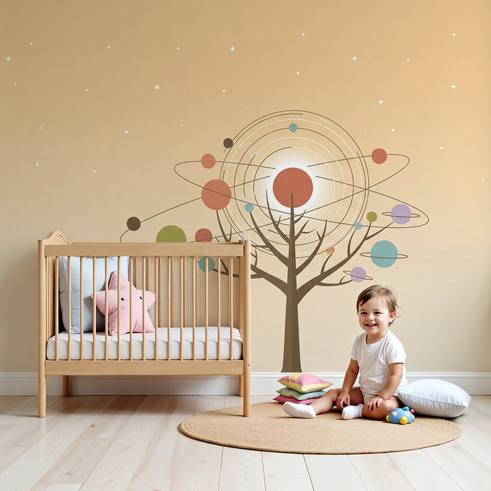 Papel pintado infantil | Árbol cósmico con planetas de colores y cielo estrellado