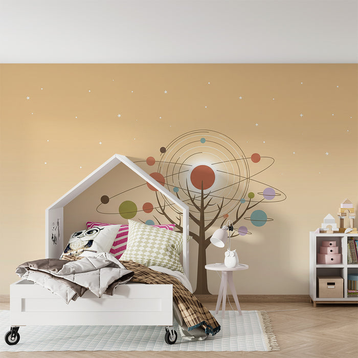 Papel pintado infantil | Árbol cósmico con planetas de colores y cielo estrellado