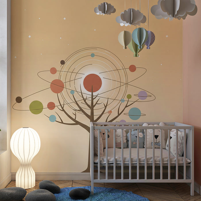 Papel pintado infantil | Árbol cósmico con planetas de colores y cielo estrellado