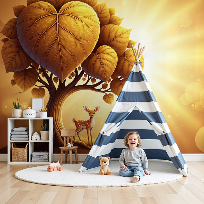 Kinderzimmer Tapete | Goldenes Baumherz mit einem leuchtenden Rehkitz