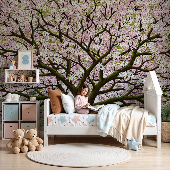 Kinderzimmer-Tapete | Blütenbaum in Rosa- und Grüntönen