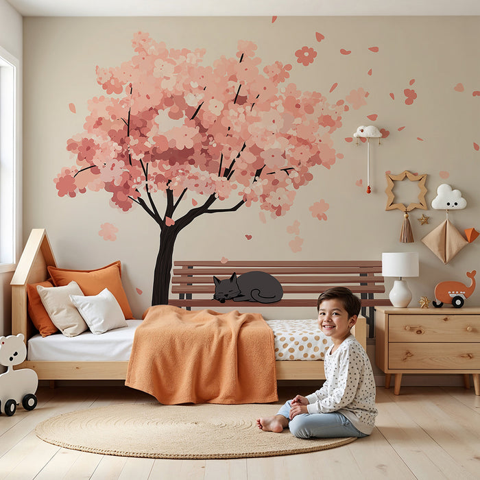 Papier peint chambre enfant | Arbre en fleurs et chat paisible sur un banc
