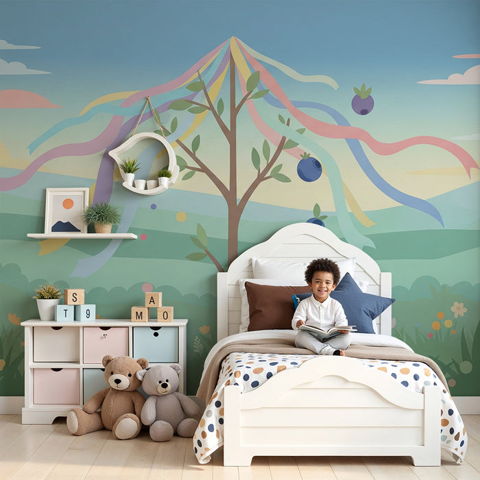 Kinderzimmer Tapete | Festlicher Baum mit bunten Bändern und Beeren in einer Frühlingslandschaft