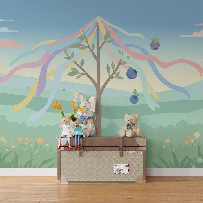 Kinderzimmer Tapete | Festlicher Baum mit bunten Bändern und Beeren in einer Frühlingslandschaft