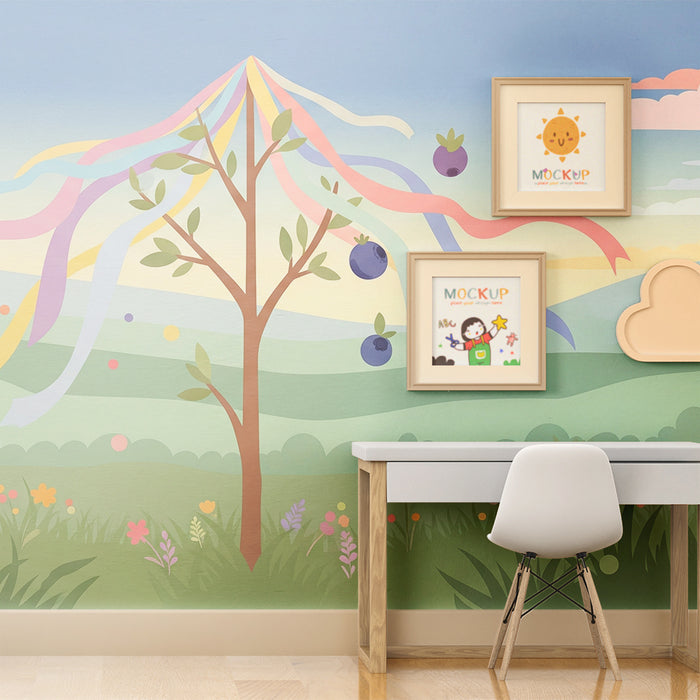 Kinderzimmer Tapete | Festlicher Baum mit bunten Bändern und Beeren in einer Frühlingslandschaft