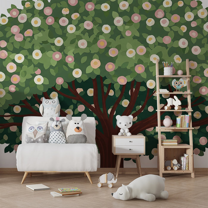 Papier peint chambre enfant | Arbre fleuri avec des fleurs délicates et feuillage verdoyant