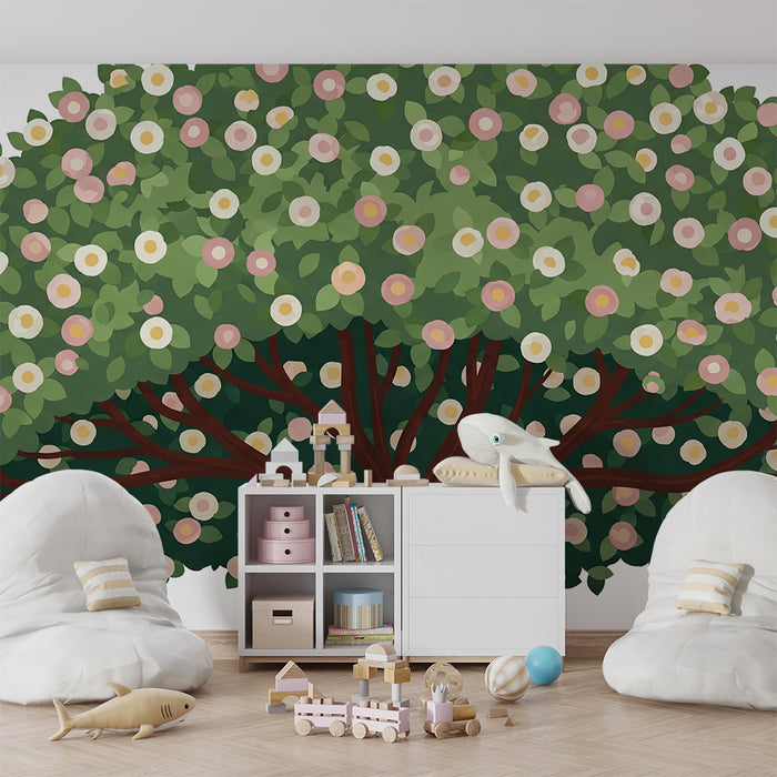Papier peint chambre enfant | Arbre fleuri avec des fleurs délicates et feuillage verdoyant
