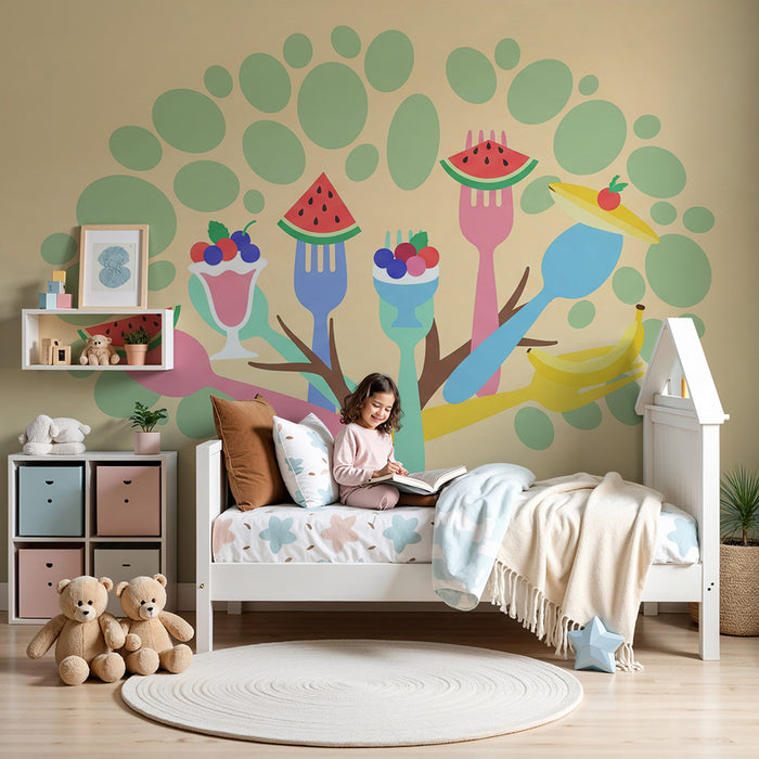 Behang kinderkamer | Vrolijk fruitboom met speels bestek