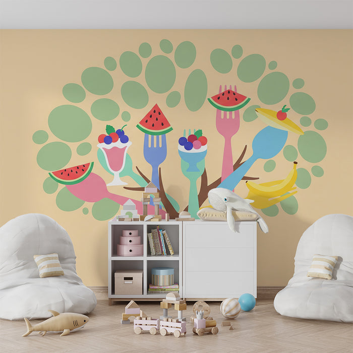 Behang kinderkamer | Vrolijk fruitboom met speels bestek