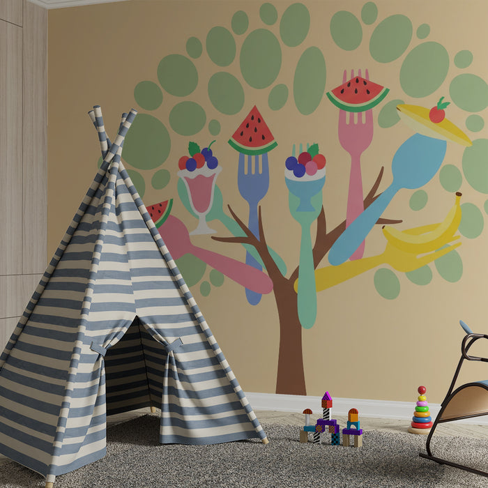 Behang kinderkamer | Vrolijk fruitboom met speels bestek