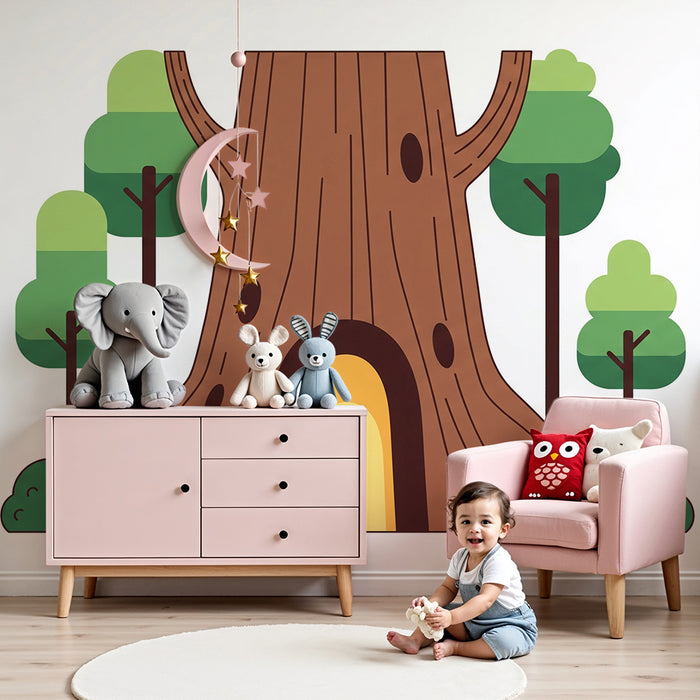 Kids' Room Wallpaper | Giant Tree with a Magical Door and Surrounding Greenery