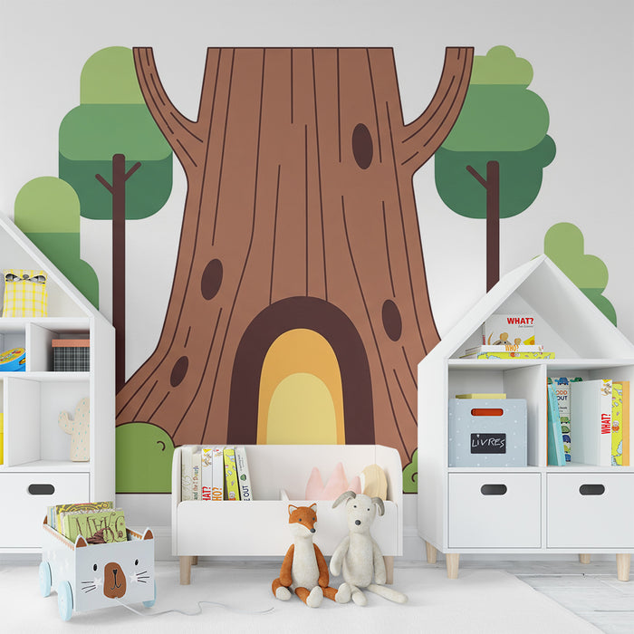 Kids' Room Wallpaper | Giant Tree with a Magical Door and Surrounding Greenery