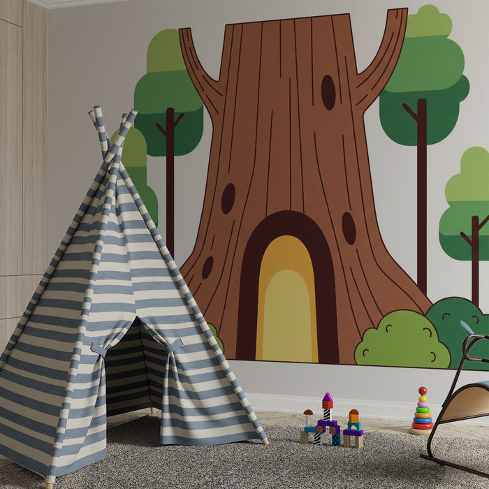 Kids' Room Wallpaper | Giant Tree with a Magical Door and Surrounding Greenery