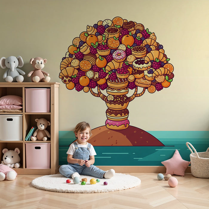 Papel pintado infantil | Árbol con frutas y dulces coloridos