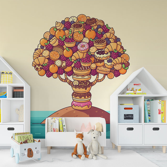Papel pintado infantil | Árbol con frutas y dulces coloridos