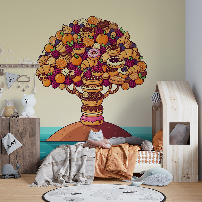 Papel pintado infantil | Árbol con frutas y dulces coloridos