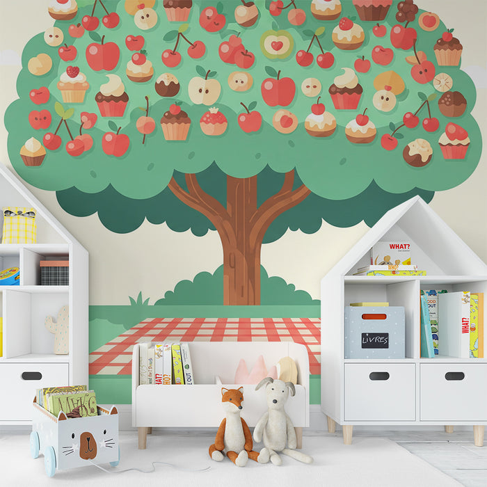 Barnetapet | Fruktig tre med fargerike kaker og cupcakes