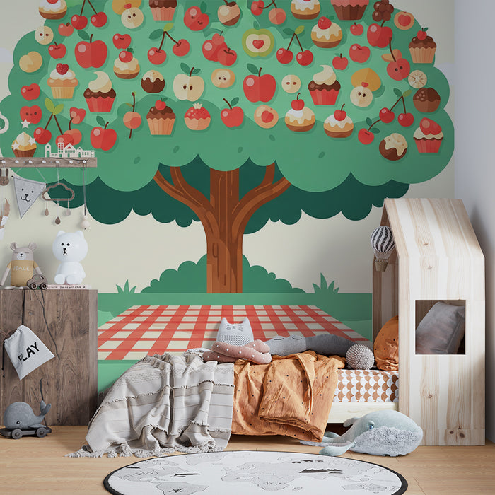 Barnetapet | Fruktig tre med fargerike kaker og cupcakes