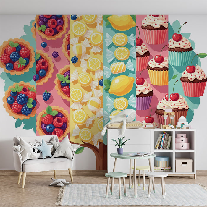 Tapeta do detskej izby | Ovocný strom s koláčmi, sladkosťami a farebnými cupcakmi