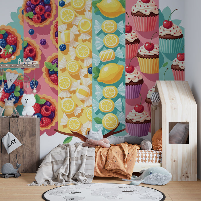 Tapeta do detskej izby | Ovocný strom s koláčmi, sladkosťami a farebnými cupcakmi