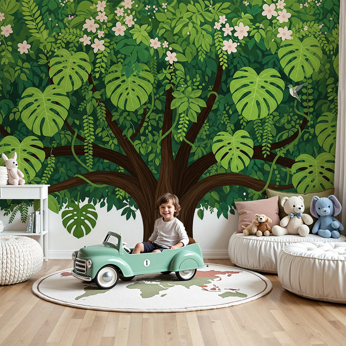 Papel de parede para quarto de criança | Árvore frondosa com folhagem tropical e flores delicadas