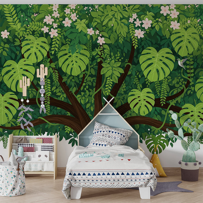 Papel de parede para quarto de criança | Árvore frondosa com folhagem tropical e flores delicadas