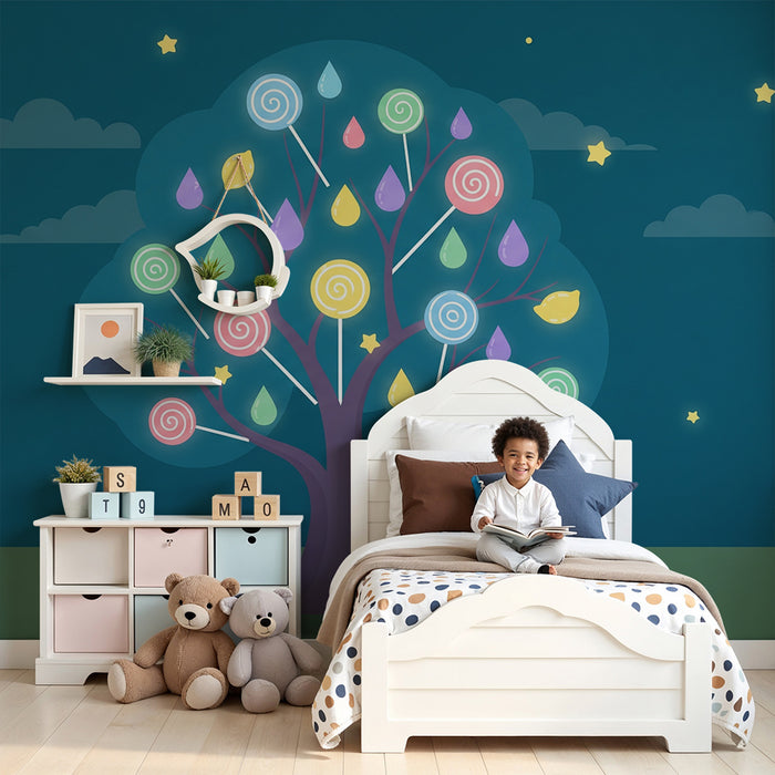 Kids' Room Wallpaper | Magical Candy Tree Under a Starry Sky