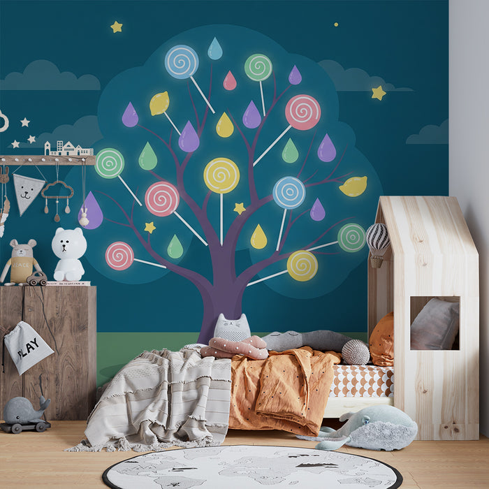 Kids' Room Wallpaper | Magical Candy Tree Under a Starry Sky